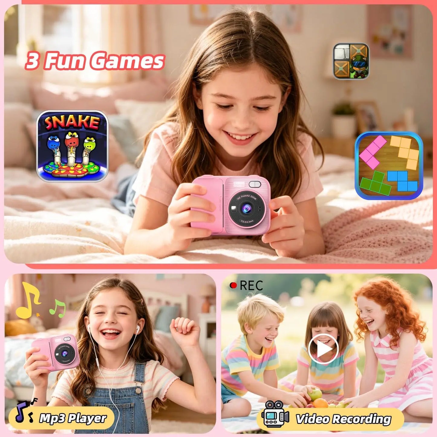 Kids Instant Print Camera with 5 Rolls Print Paper 1080P HD Toddler Selfie Camera for Children Best Christmas Birthday Gifts Toy