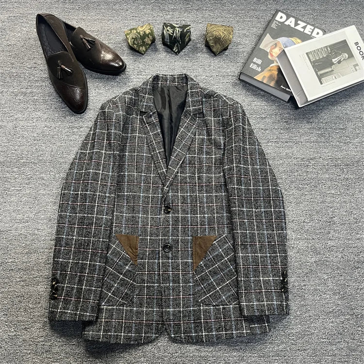 Vintage Unisex Woolen Suit Jacket Simple Casual Plaid Retro Style Warm Windproof Interview Commuting Business Casual Wear