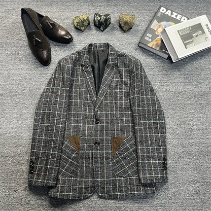 Vintage Unisex Woolen Suit Jacket Simple Casual Plaid Retro Style Warm Windproof Interview Commuting Business Casual Wear