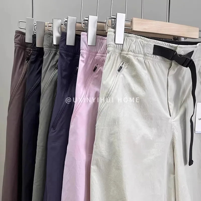 Lightweight Breathable Quick-Dry Paratrooper Pants Women's Casual Loose Fit Sunscreen Waist Cord Trousers Korean Style High W...