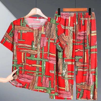 Ice Silk Two-Piece Set for Mom Summer Casual Short Sleeve Large Size Elderly Women's Fashionable Stripe And Plaid Ensemble