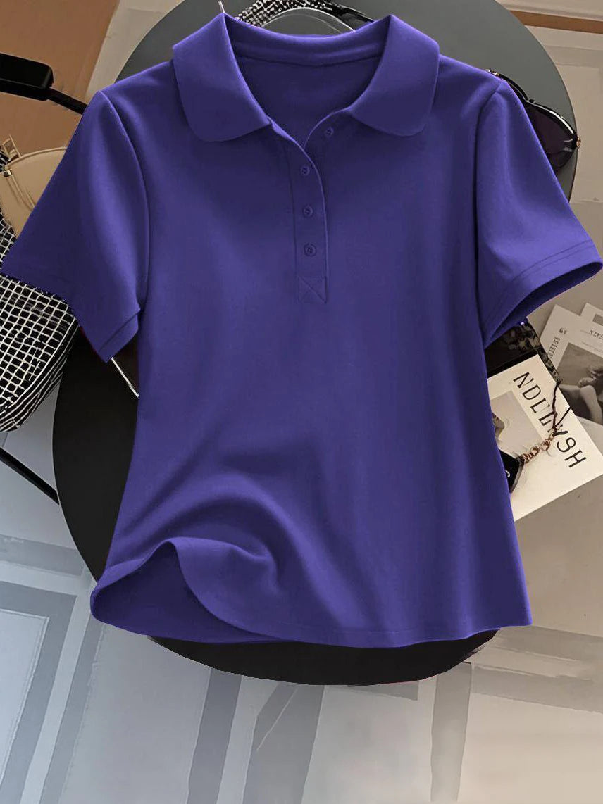 Loose Fit Women's  Neck Short Sleeve Cotton T-Shirt Casual Button up Top Korean Style Summer Fashion Ladies' Shirt