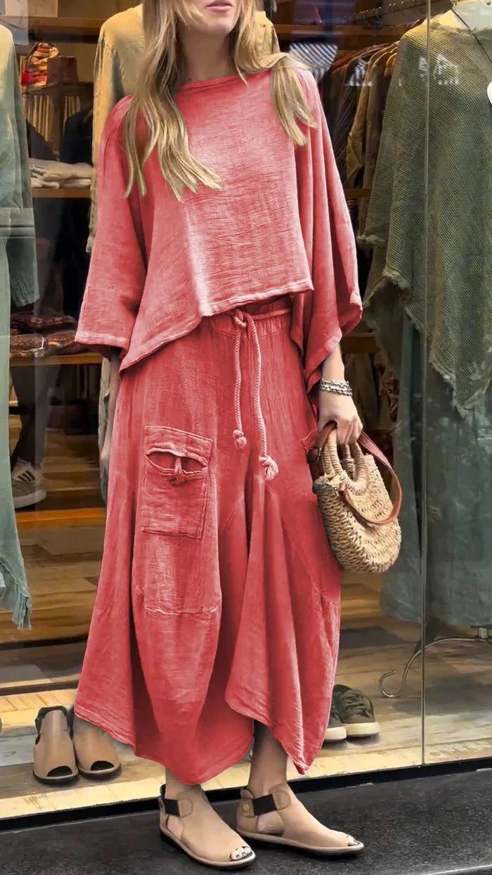 2024 Autumn Fashion New Women's Cotton and Linen Loose Skirt Two-piece Set Solid Color Irregular Top Waist Pocket Skirt Set