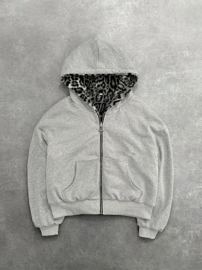 Retro Leopard Hoodie Zipper Casual Loose Sweater Autumn Winter Personality Europe And United States Style