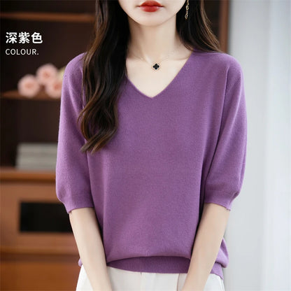 Thin Worsted Wool Short-Sleeved Women's Loose Round Neck T-shirt Printed Summer Fashion Knitted Bottoming Shirt Half-Sleeved