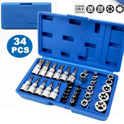 TRD For 34Pcs Torx Star Sockets & Bit Set Handheld Tool Male / Female E- Security Bits Drive Torque Star Socket with Blue Case