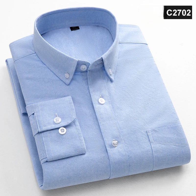 Classic Fit Fashion 100% Cotton Long-Sleeve Shirt for Men Single Pocket Slim Fit Casual Top Soft Oxford Solid Color Office Cloth