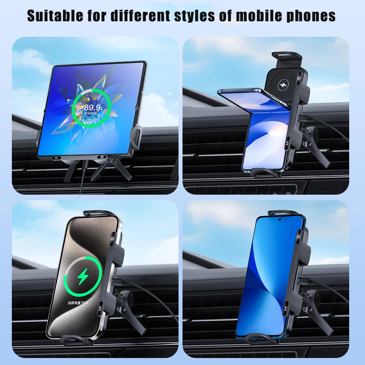 Car Wireless Charger Stand Fold Screen Fast Charging For Samsung Galaxy Z Fold 6 5 4 S24 Ultra iPhone 16 15 14 Pro Phone Holder