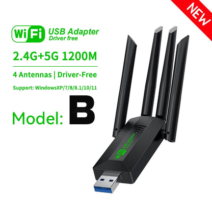 Dual Band 1200Mbps WiFi USB Adapter 2.4G/5.8Ghz Wi-Fi5 Dongle 4 Antenna USB3.0 Wireless Receiver For PC/Laptop No CD Driver Free