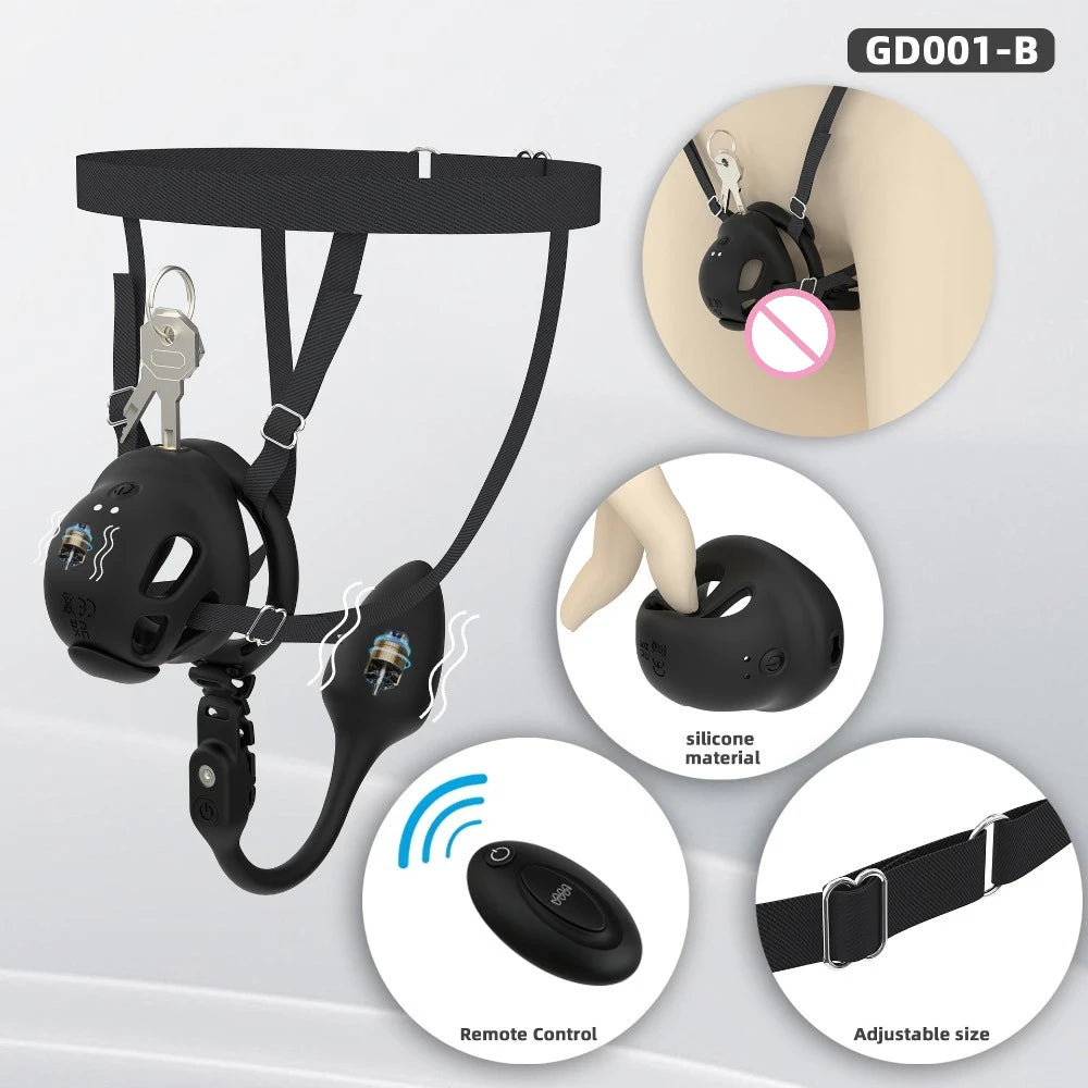 New Silicone Electroshock Chastity Cage with 6 Sized Rings for Men Urethral Lock Vibrating Butt Plug Penis CB Lock Adult Sex Toy