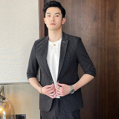 Men's Summer New Slim Fit 3/4 Sleeve Blazer Set Thin Seven-Point Sleeve Suit Outfit Casual Business Two-Piece Set