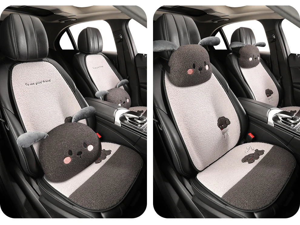 Funny Puppy Car Seat Cover 2025 New Autumn Fleece Fabric PU Leather Warm Comfortable Quick Installation Fits Most Cars
