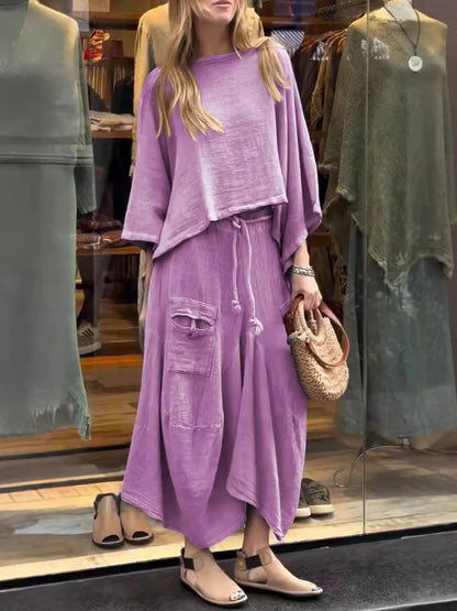 2024 Autumn Fashion New Women's Cotton and Linen Loose Skirt Two-piece Set Solid Color Irregular Top Waist Pocket Skirt Set