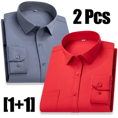 New In Tops Pure Cotton Men's Long Sleeve Business Social Plain Shirts Fashion Single Pocket Casual Slim Fit Solid Color Blouses