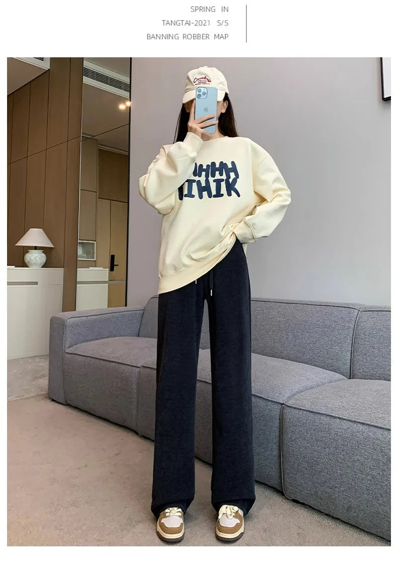 plus Size Women's Casual High Waist Thin Wide Leg Pants Spring Autumn Straight Cut Long Trousers Comfortable Slimming Effect