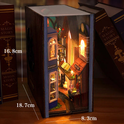 DIY Book Nook Shelf Insert Kit 3D Wooden Puzzle Doll House Assembly Building Model Bookends With Furniture LED Light Xmas Gifts