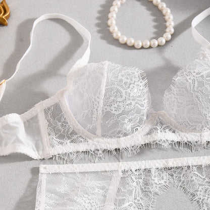 Ellolace Solid Lingeries Sexy Hot Elegant Bra Belt Thong 3PC with Leg Circles Cute Intimate Seductive Lace Tempted Underwear