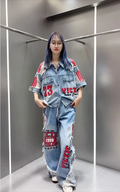 Casual Lace Hollow out Patchwork Summer New Women's Outfit Loose Top with Digital Letter Print Matching Long Pants