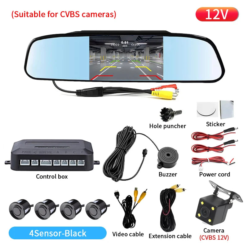 4.3 Inch Car Rearview Mirror Reversing Radar 4 Parking Sensors HD Screen For CVBS Camera Waterproof Parking Assistance System