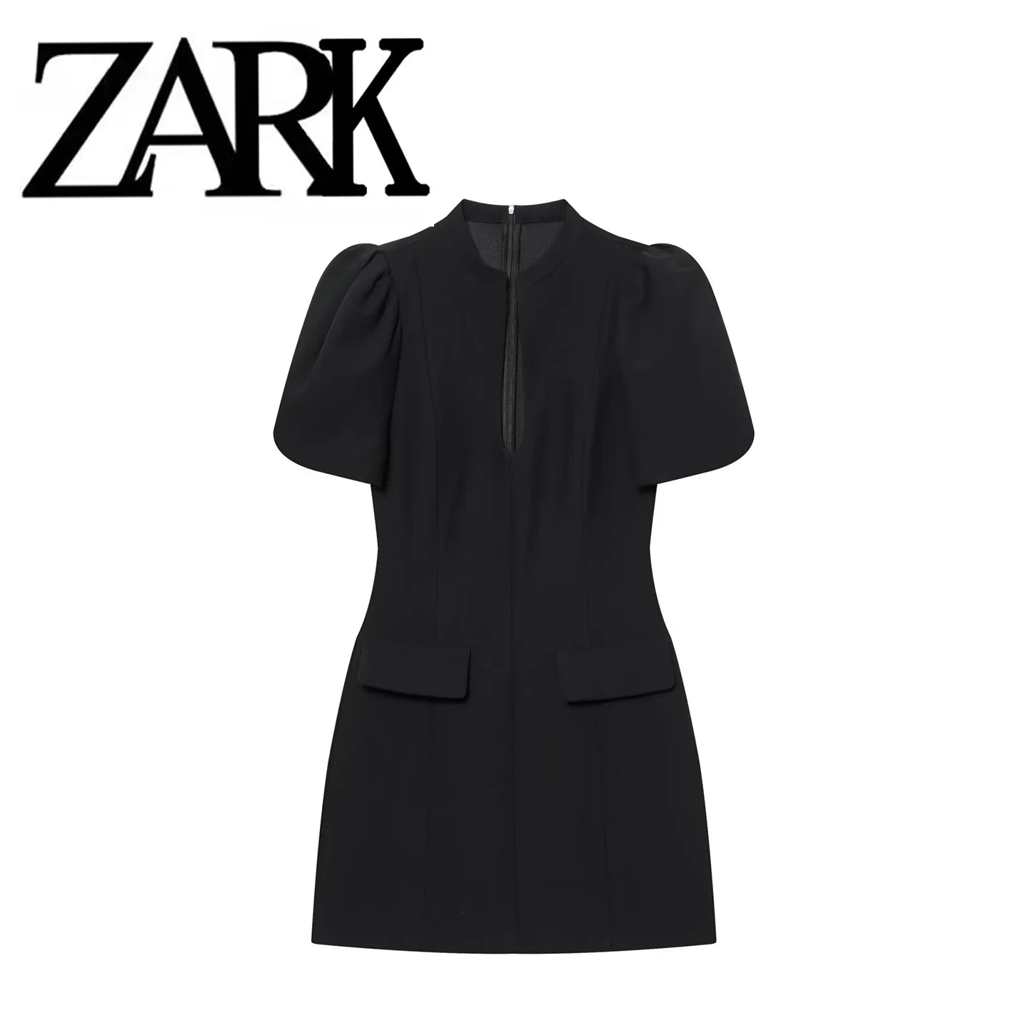 ZARK Fashionable round Neck Bubble Sleeve Short Dress Polyester High Waist Skirt for Women City Commuting Casual Wear Zipper ...