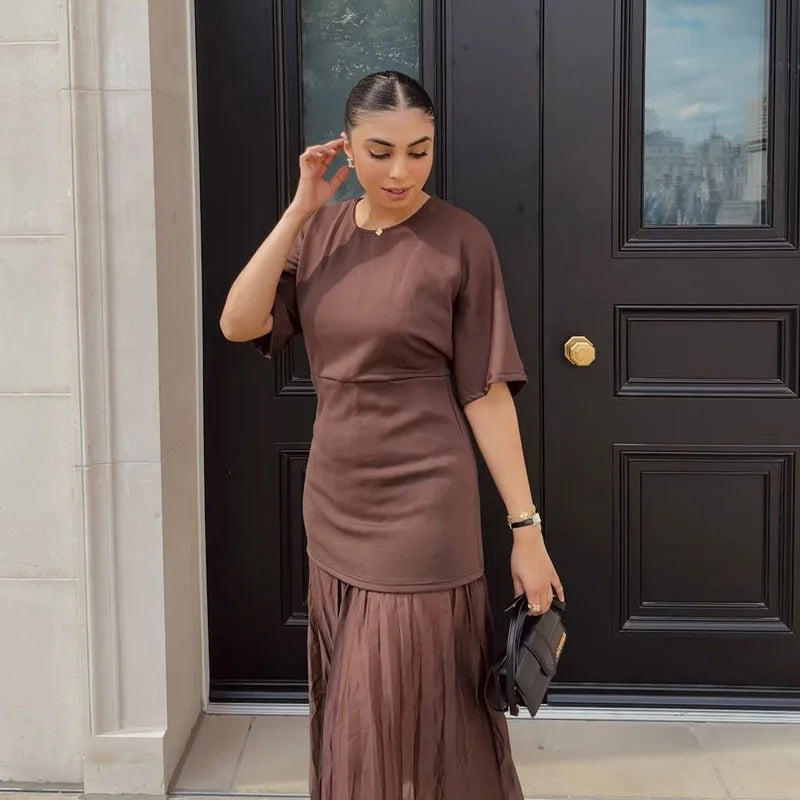 HXAO One Piece Women's Summer Dress Long Knitted Elegant Party Dresses Splicing Pleats Chiffon Short-Sleeved Casual Female Dress