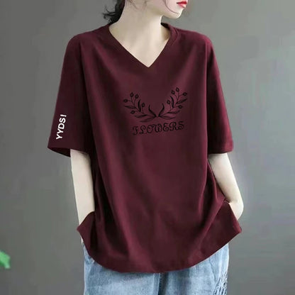 100% Pure Cotton V-Neck Short Sleeve T-Shirt Women's Loose Fashionable Printed Mom Top Trendy Korean Style Summer Wear