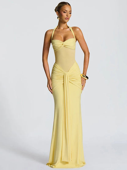 kliou Patchwork Elegant Women Maxi Dress Classic Sexy Sheer Ribbons Halter Backless Bodycon Female Trend Festival Evening Wear
