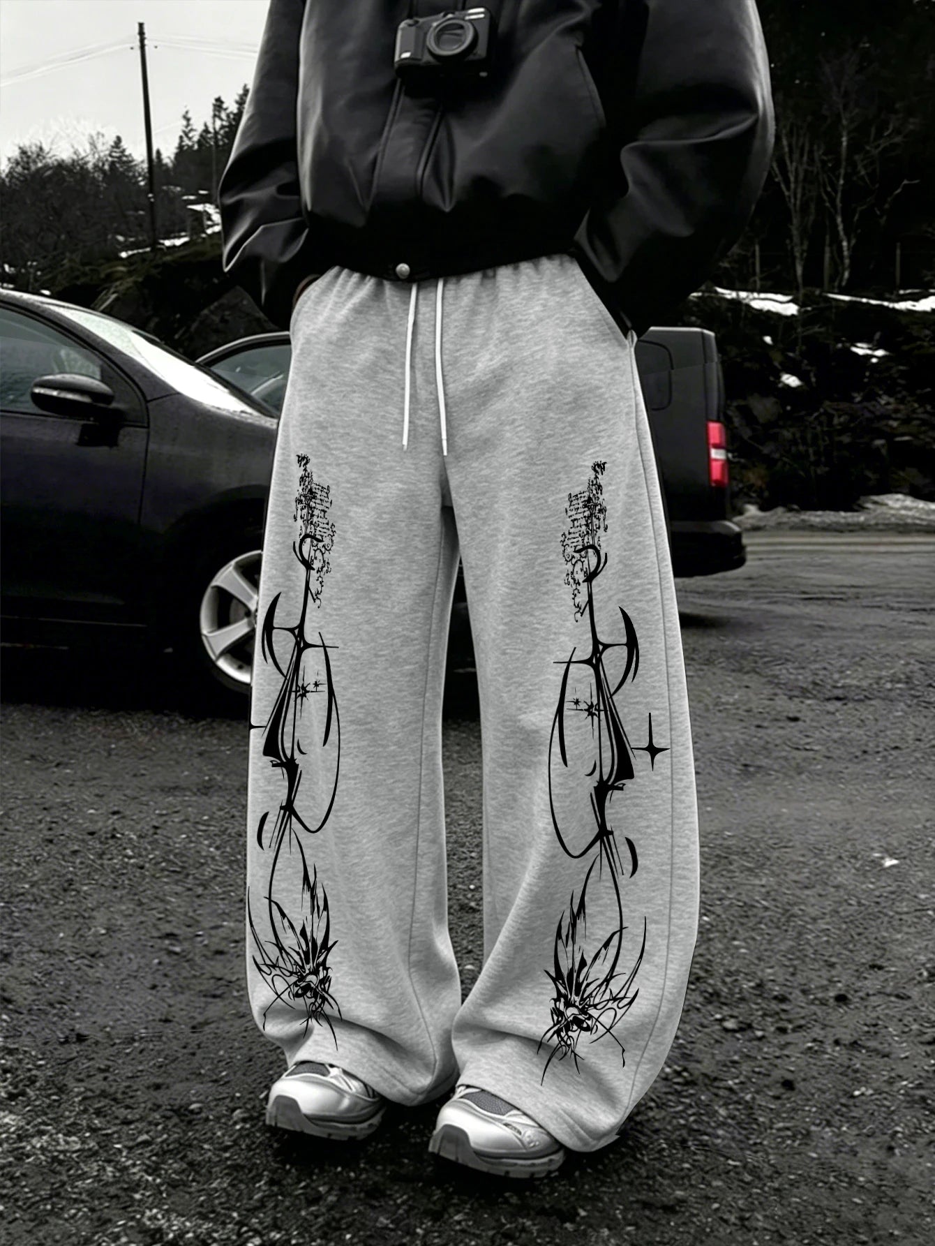Y2K Dark Punk Abstract Gothic Cross Star Print Mens Baggy Wide Leg Sweat Pants Loose Straight Drawstring Hip Hop Street Joggers