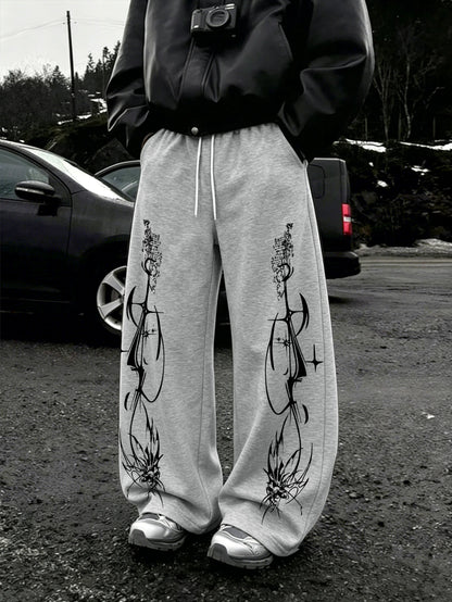 Y2K Dark Punk Abstract Gothic Cross Star Print Mens Baggy Wide Leg Sweat Pants Loose Straight Drawstring Hip Hop Street Joggers