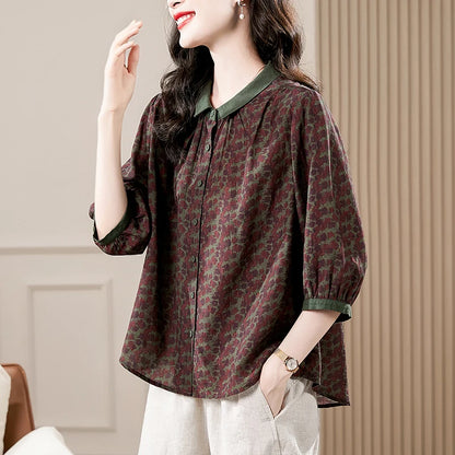 Retro plus Size Women's Shirt Loose Fit Floral Print Seven-Quarter Sleeve Cover up Top Summer New Arrival  Collar Button ...