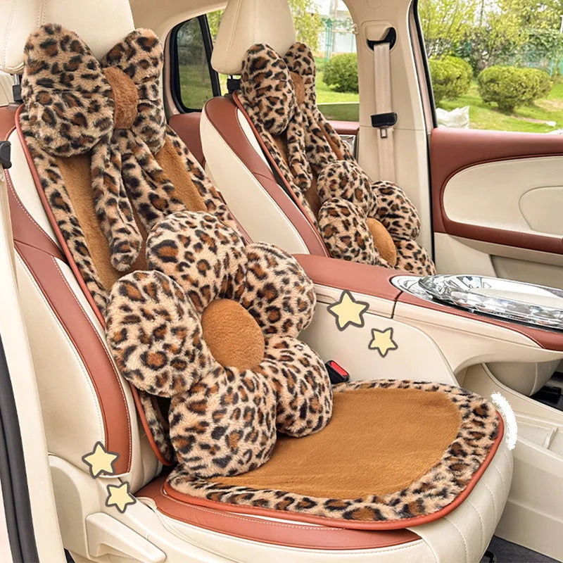 Women's New Leopard-print Car Seat Cushion Winter Plush Warm Non-slip Seat Cover Fashion Full Set Automobile Interior Decoration