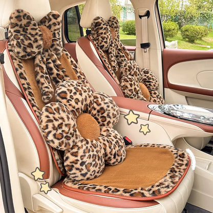 Women's New Leopard-print Car Seat Cushion Winter Plush Warm Non-slip Seat Cover Fashion Full Set Automobile Interior Decoration