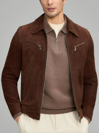 Retro Casual Long Sleeves Lapel Genuine Leather Jacket High Quality Solid Color Male Zipper Slim Sheepskin Suede Outerwear