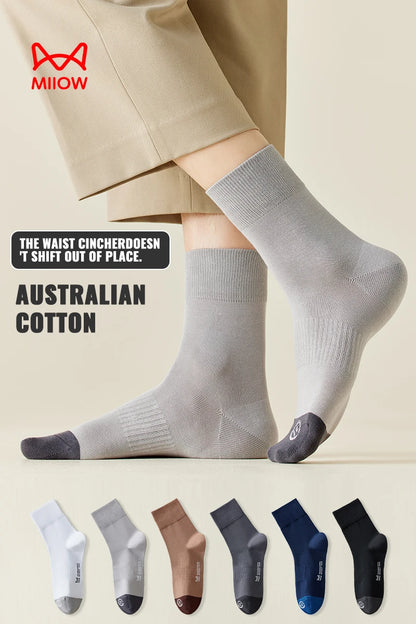MiiOW Australian Cotton Socks Men Business Dress Black White Long Sock Antibacterial Anti Odor Crew Socks Breathable Sport Sock