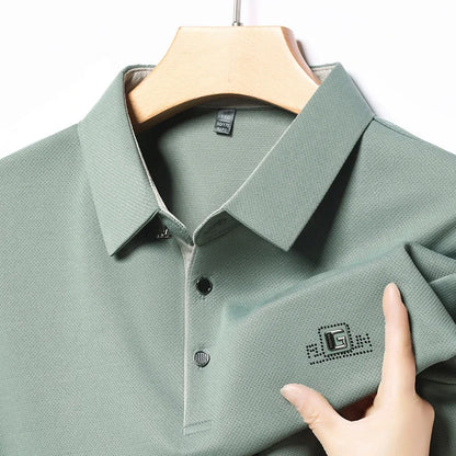 Men's Business Ice Silk Work Shirts Summer Badge Solid Color Polo Shirt Office Wear Man Breathable Comfortable Versatile Tops