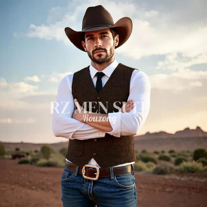 Mens Vintage Tweed Suit Vest V Neck Casual Wool Waistcoat for Wedding Groomsmen chaleco hombre