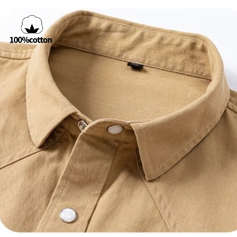 100% Cotton Workwear Shirt Jacket, Korean Snap Button Design, Enzyme Wash Vintage, Khaki Black Grey Beige S-4XL