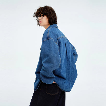Metersbonwe Men's Vintage Distressed Utility Denim Shirt Jacket Classic Flap Pockets Oversized Fit Outerwear Casual Street Style