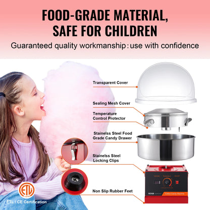 SucceBuy Electric Cotton Candy Machine Candy Floss Maker Commercial Cotton Candy Machine Stainless Steel Bowl and Sugar Scoop