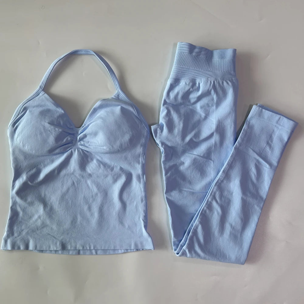 2 Pieces Sports Set Women Backless Tank Yoga Tops High Waist Scrunch Seamless Shorts Sport Gym Set Sportswear Workout Set