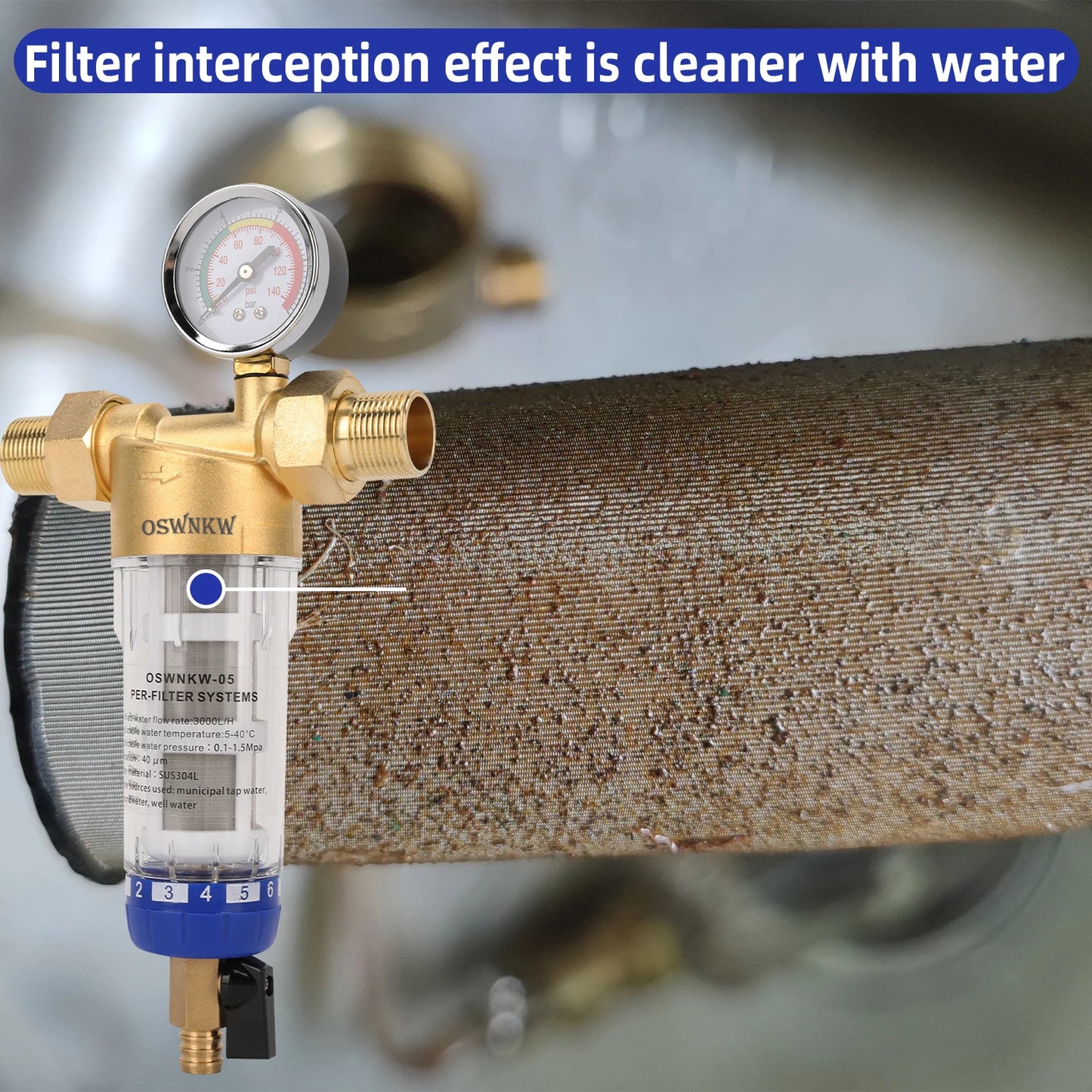OSWNKW-05 Pre Filter Purifier Whole House Spin Down Sediment Water Filter Central Prefilter System Backwash Stainless Steel Mesh