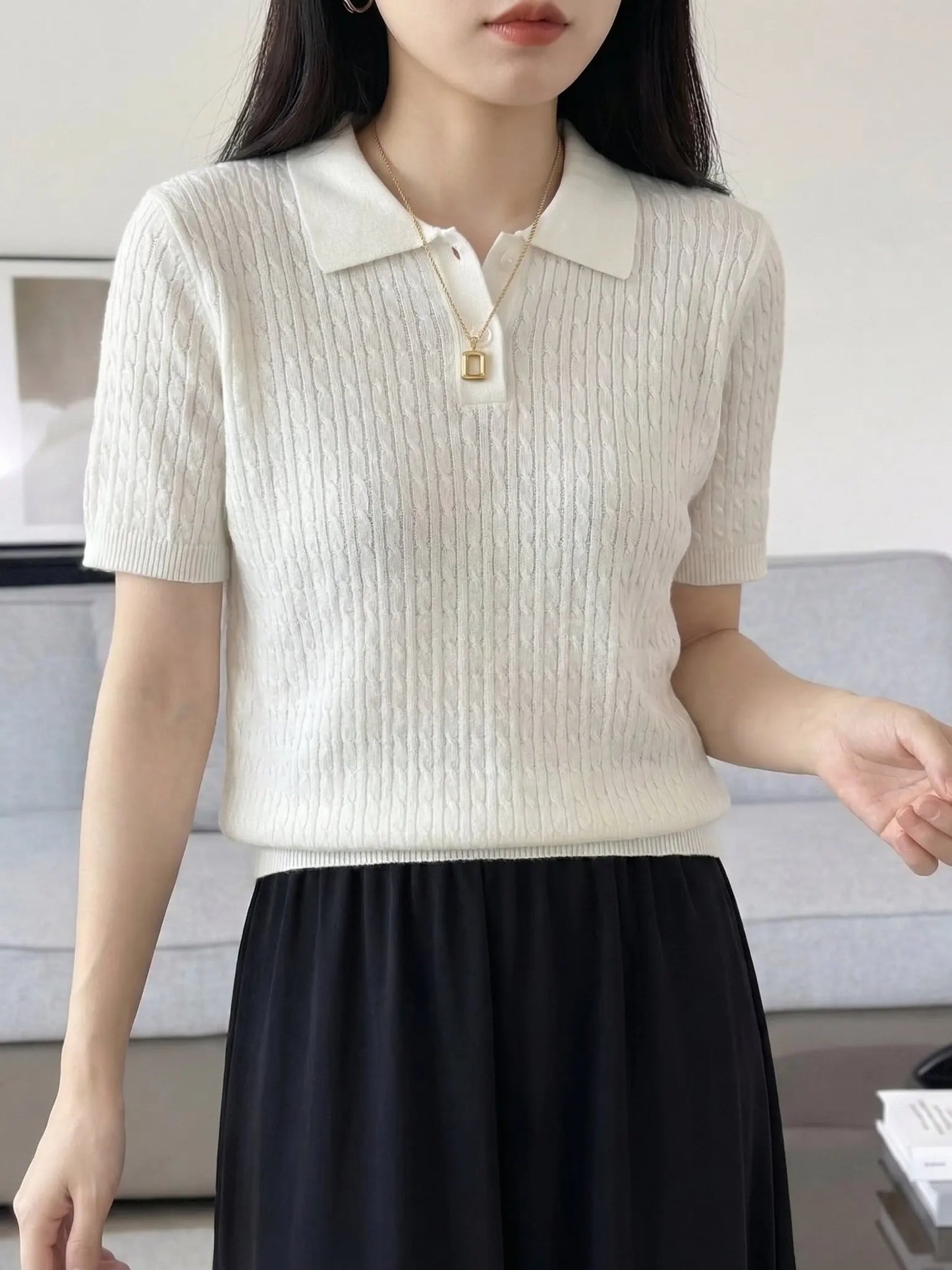 Spring Summer Breathable Pure Cotton Polo Shirt Women's Half Sleeve Loose Knitted Top Casual Versatile Summer Wear A3032122