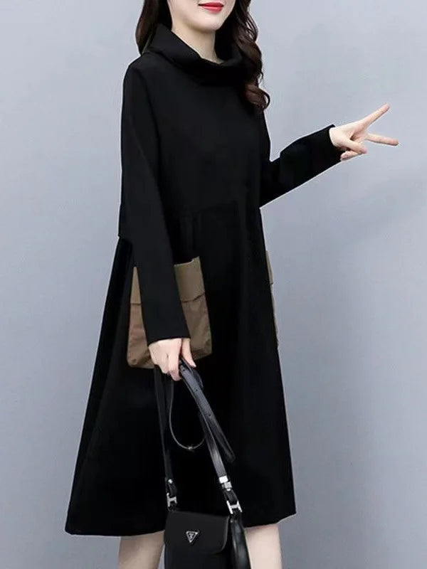 Thickened Fleece Warm Winter Dress for plus Size Women Half High Collar Sleeve Long Mid-Length Straight Cut High Waist Style
