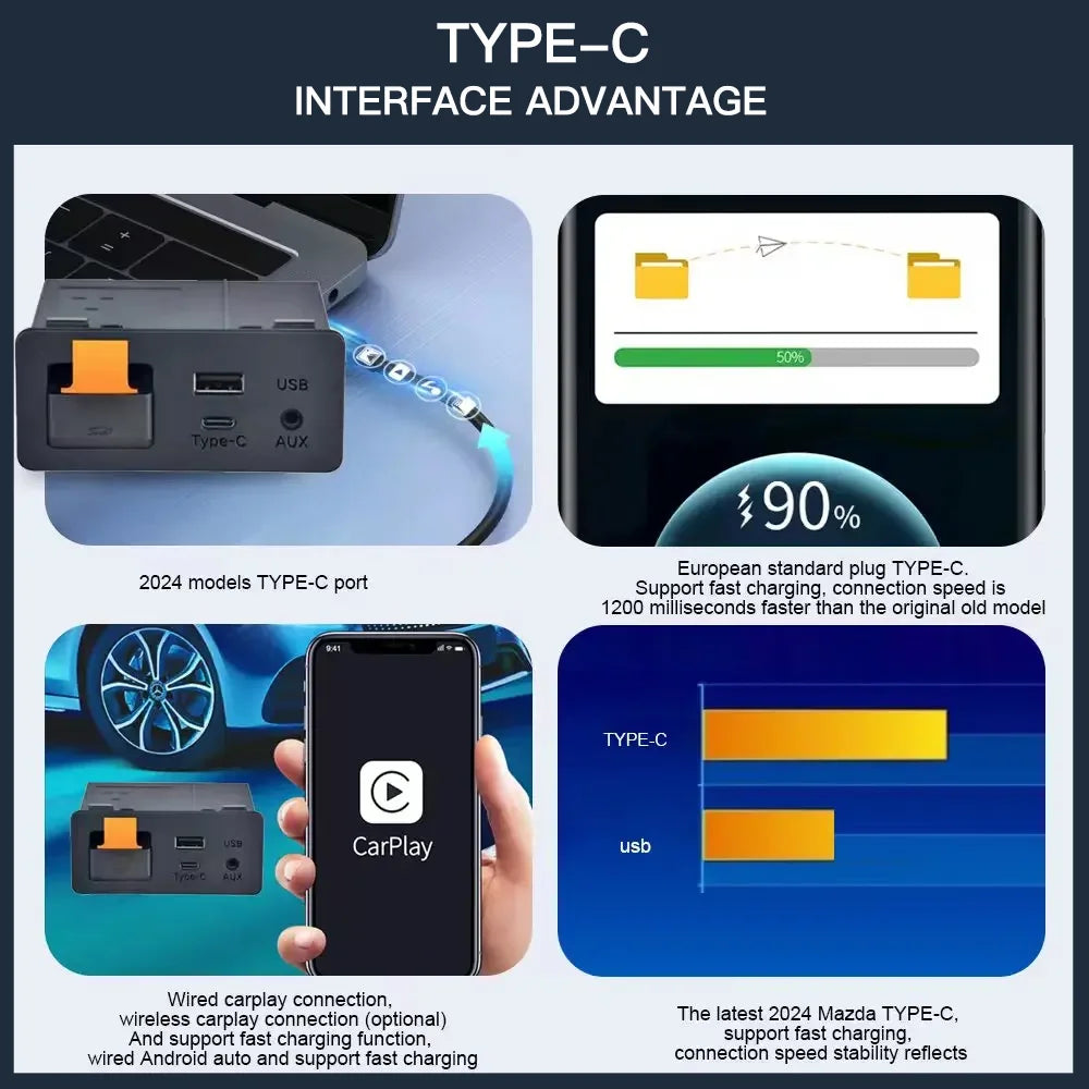 Wired or Wireless carplay Android auto type-c Adapter For Retrofit Mazda 2 3 6 CX3 CX5 CX8 CX9 MX5 USB HUB unit TK78669U0C Kit