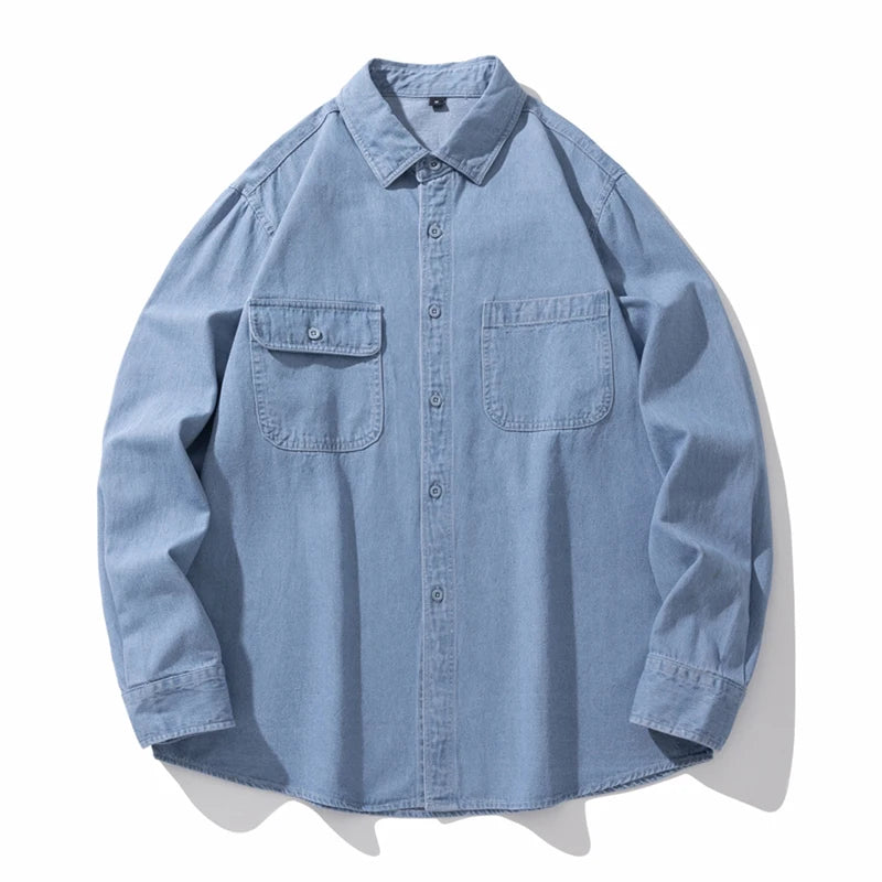 Loose Denim Shirt Men's Autumn New Washed Dark Blue Japanese Fashion Pocket Design Long Sleeve Jean Shirts Male Clothes