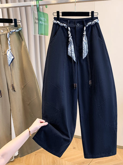 High Waist Loose Fit Casual Pants Autumn Winter plus Size Women's Fashion Slimming Wide Leg Trousers Scarf Belted Back Elastic