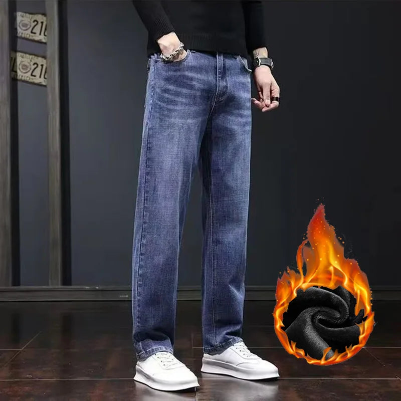 New Men Snow Warm Plush Fleece Jeans Male Daily Youthful Vitality Fashion Loose Straight Denim Pants Thermal Dark Gray Trousers