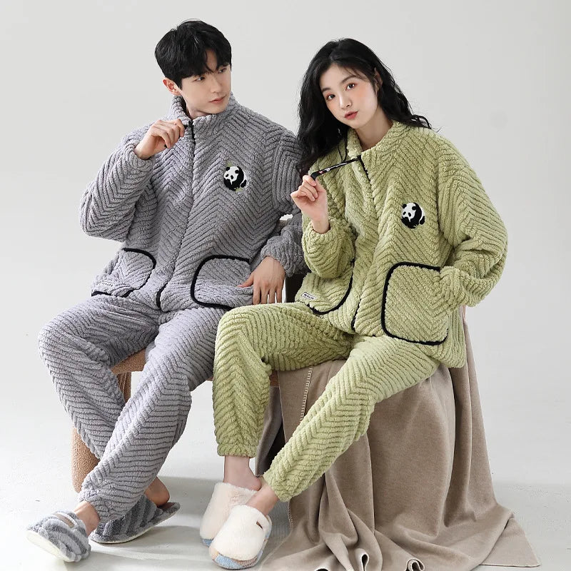 Winter Couple Matching Zipper Pajamas Cardigan Warm Jacquard Velvet Ladies Korean loungewear Men's Thickened Flannel Pijamas set