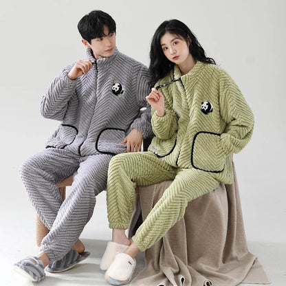 Winter Couple Matching Zipper Pajamas Cardigan Warm Jacquard Velvet Ladies Korean loungewear Men's Thickened Flannel Pijamas set