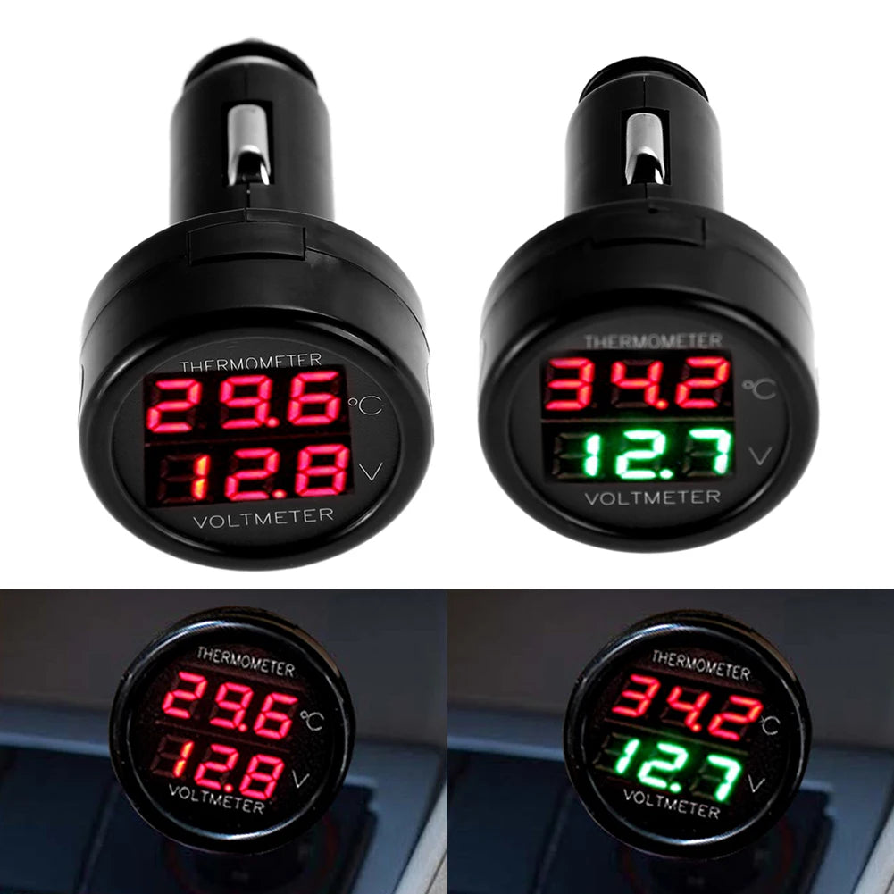 2 IN 1 12V 24V Car Voltmeter Thermometer Cigarette Lighter Car Battery Monitor LED Digital Dual Display For Cars Trucks RVs Boat